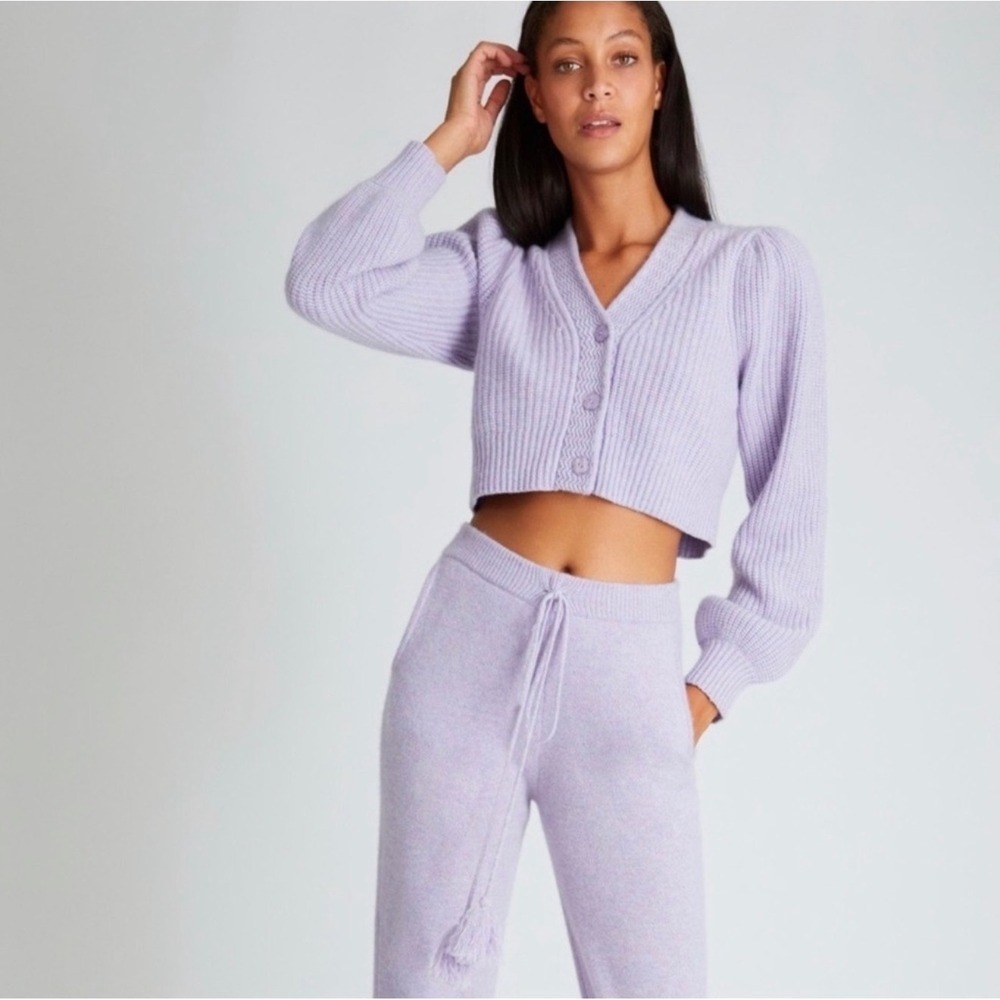 LoveShackFancy Cardigan Women XS Lavender Good Wool Cashmere Cropped Ribbed Puff